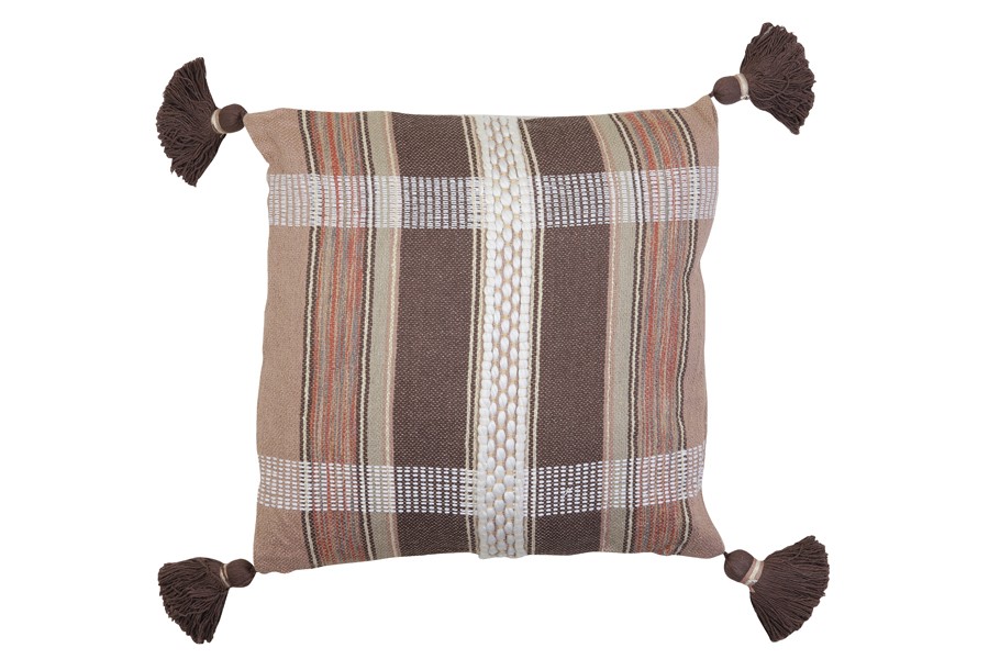 Hnědý károvaný polštář Araza old brown se střapci - 45*45 cm