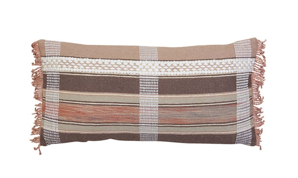 Hnědý károvaný polštář Araza old brown s třásněmi - 60*30 cm