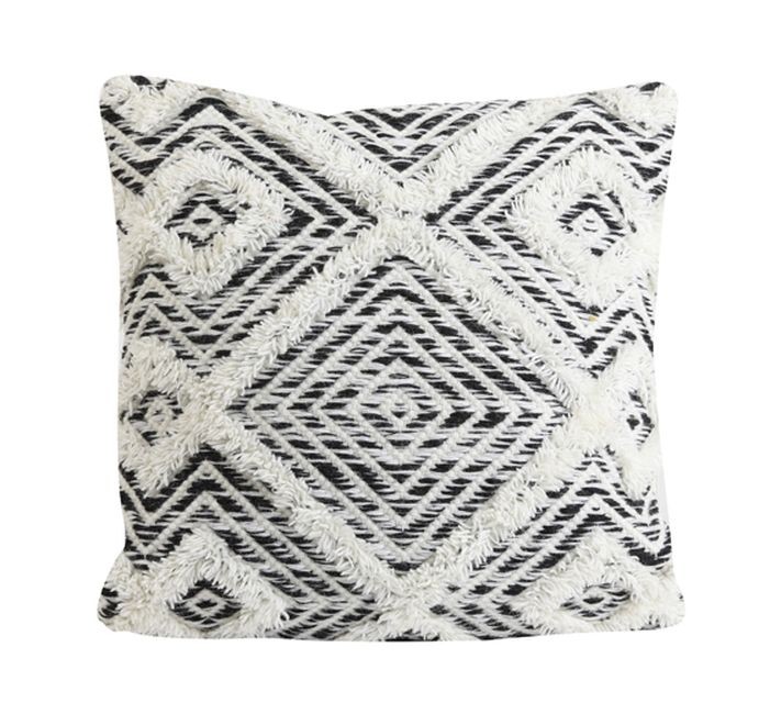 Bílo-černý polštář Udim s ornamenty a třásněmi - 45*45 cm
