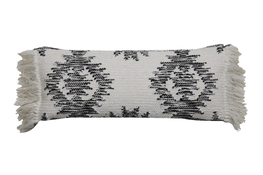 Bílo-černý polštář Rimago s ornamenty a třásněmi - 70*30 cm