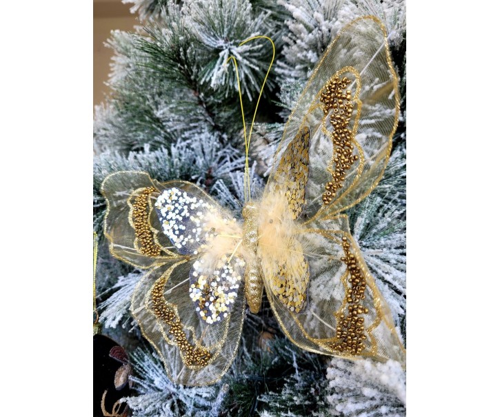 Zlatá třpytivá ozdoba motýl s flitry a korálky na klip - 25*15 cm 