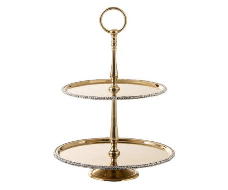 Zlatý kovový 2-patrový etažér s kamínky Jewel - Ø 29*38cm J-Line by Jolipa