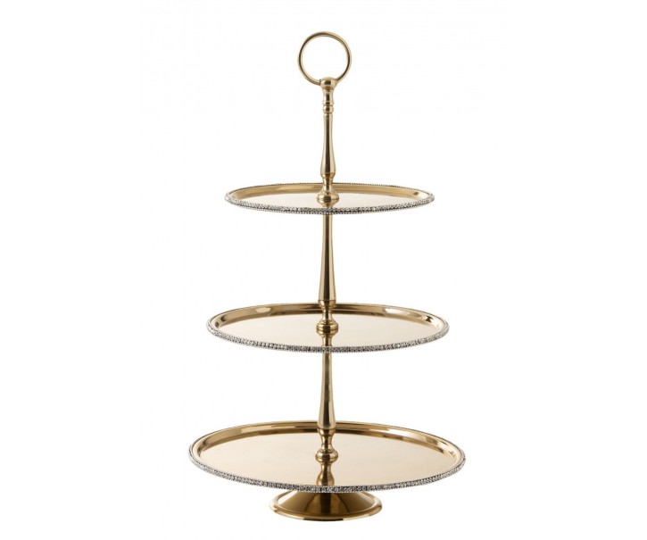 Zlatý kovový 3-patrový etažér s kamínky Jewel - Ø 31*53cm J-Line by Jolipa