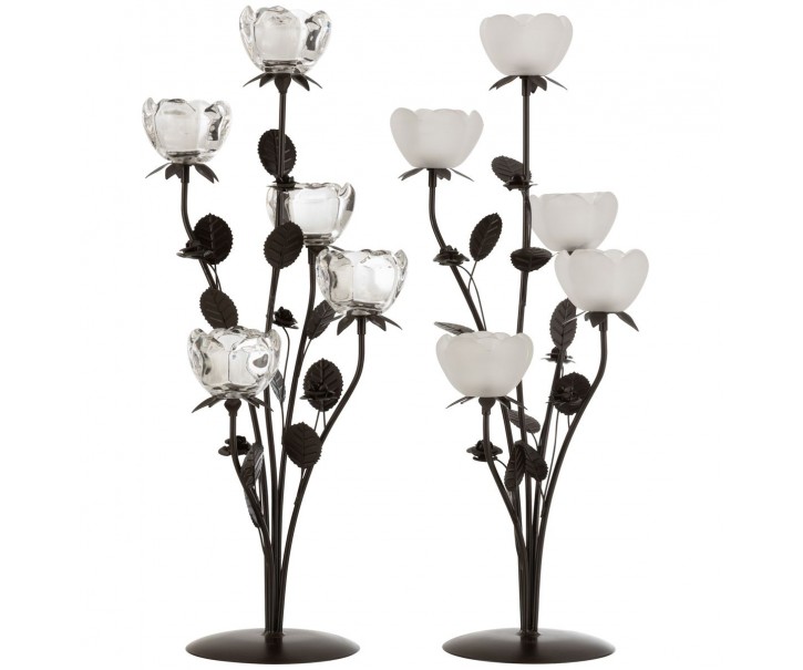 Set 2ks kovový svícen na čajovou svíčku s pěti skleněnými miskami ve tvaru květiny - 22*22*58 cm J-Line by Jolipa