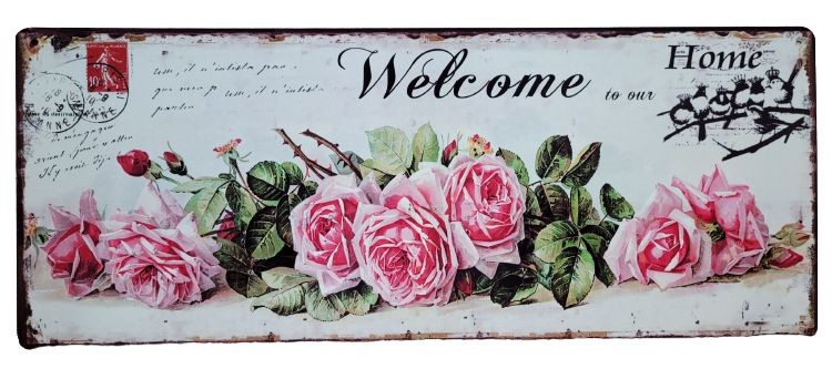 Béžová antik nástěnná kovová cedule s růžemi Welcome Home - 50*20 cm Ostatní