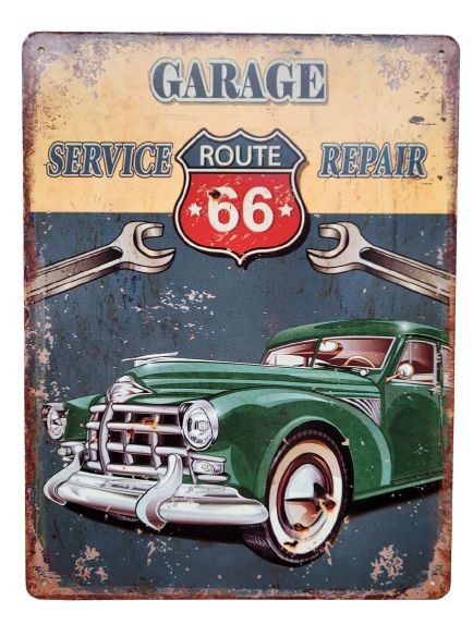 Nástěnná kovová cedule Garage Service Route 66 - 25*33 cm