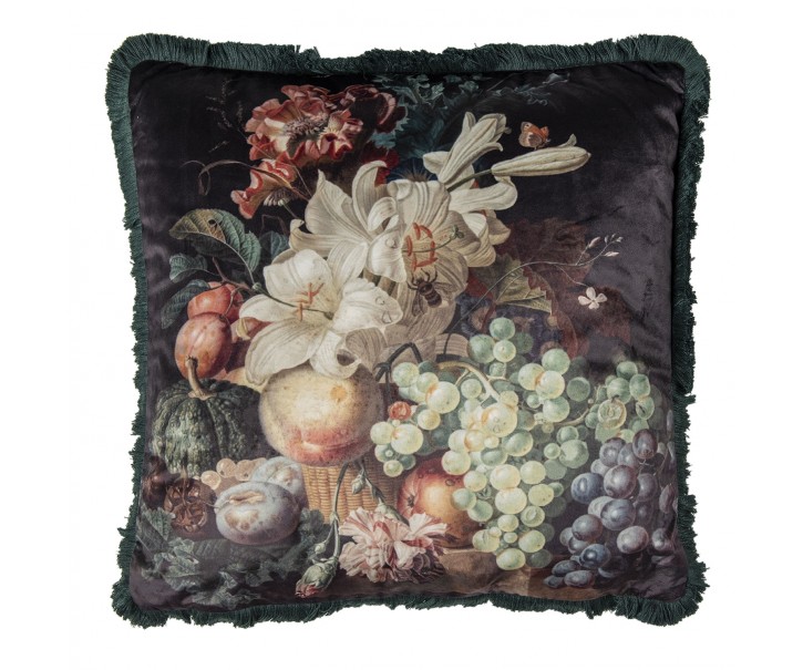 Černý sametový polštář s liliemi a třásněmi - 45*45*4 cm