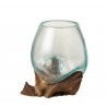 Skleněná váza na dřevu Gamal M - 13*10*11 cmBarva: Hnědá / světle tyrkysová Materiál: Sklo / Dřevo 