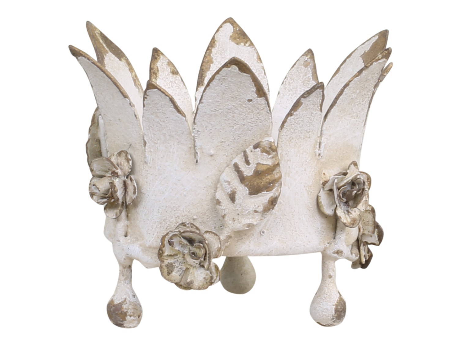 Krémový antik svícen s květy na širokou svíčku Crown - Ø 11*9cm Chic Antique