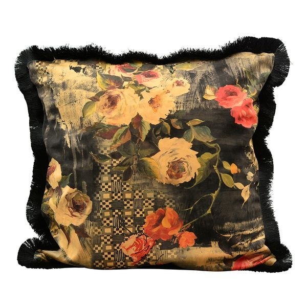 Černý sametový polštář s květy a třásněmi Dans - 45*45cm