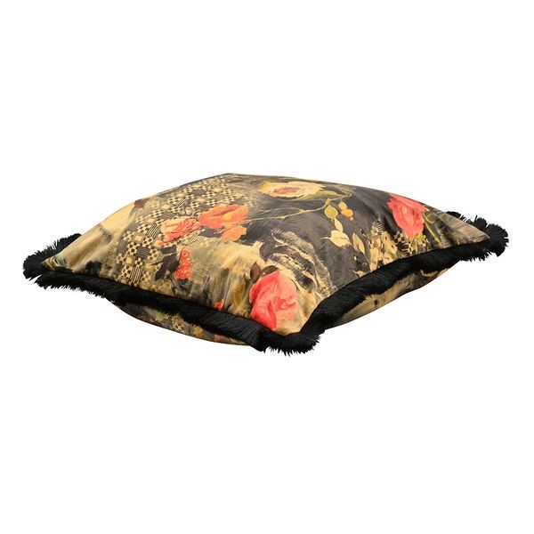 Černý sametový polštář s květy a třásněmi Dans - 45*45cm