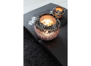 Skleněný kouřový svicen se stříbrným zdobením a kamínky Luxy - Ø 13*10cm