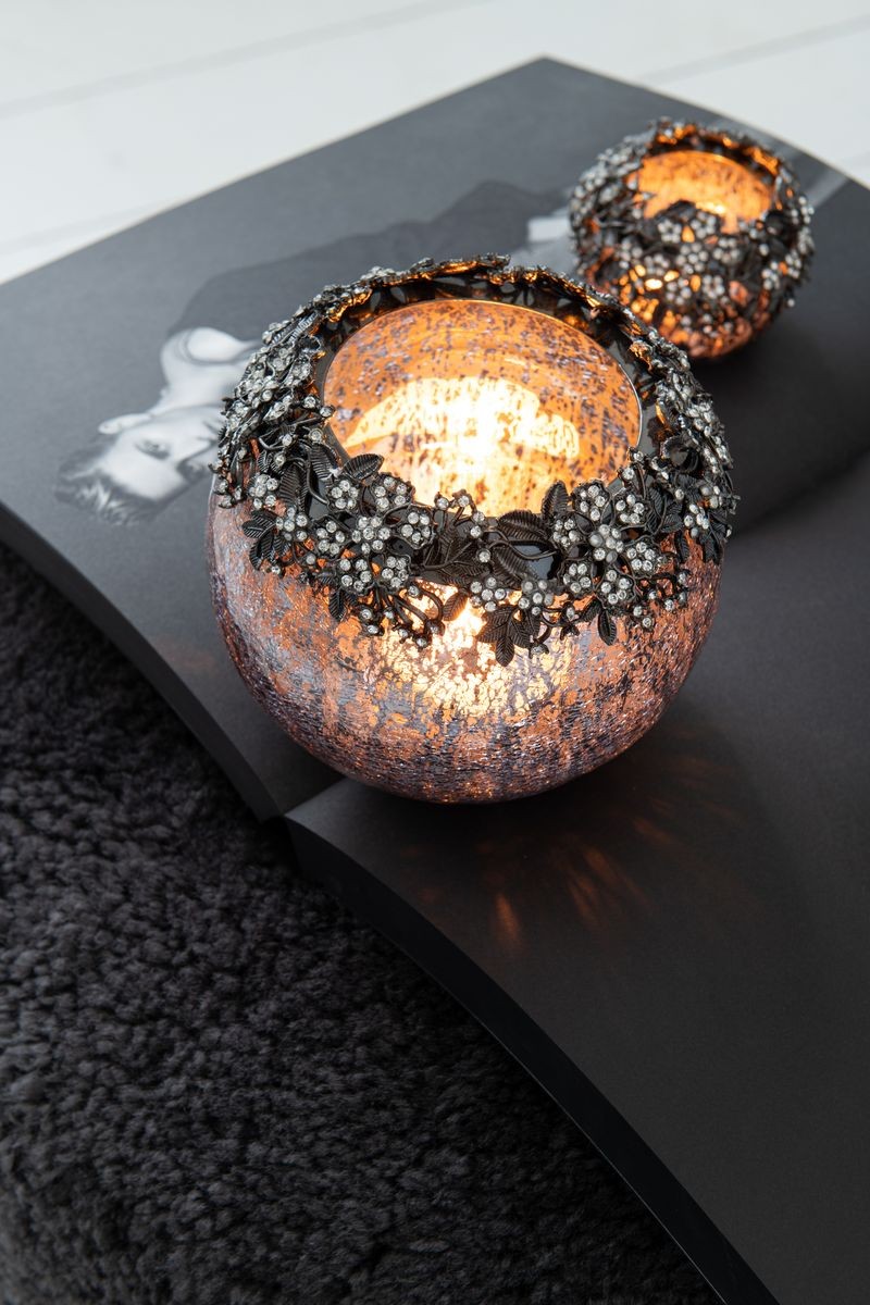 Skleněný kouřový svícen se zdobením a kamínky Luxy - Ø 15*13cm