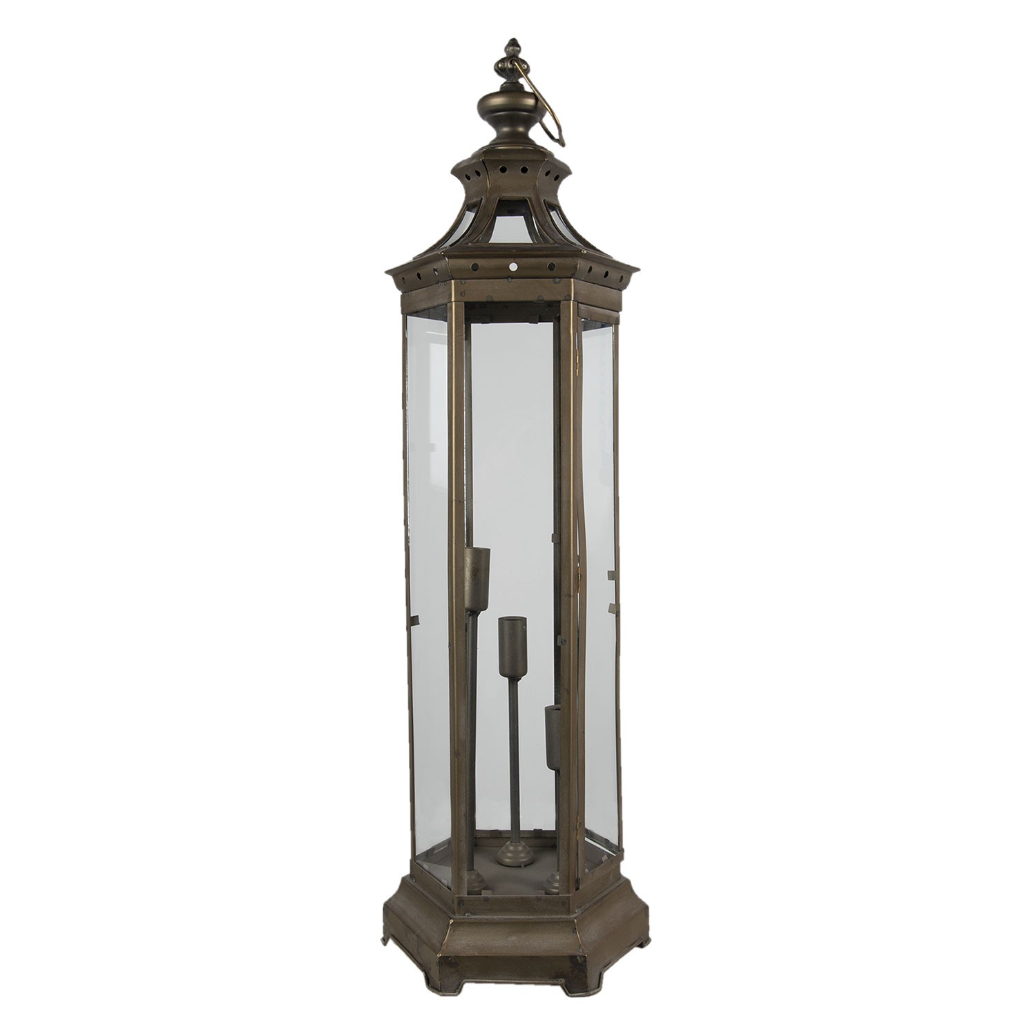 Bronzová antik stolní lampa ve tvaru lucerny - 29*25*79 cm / 3*E14