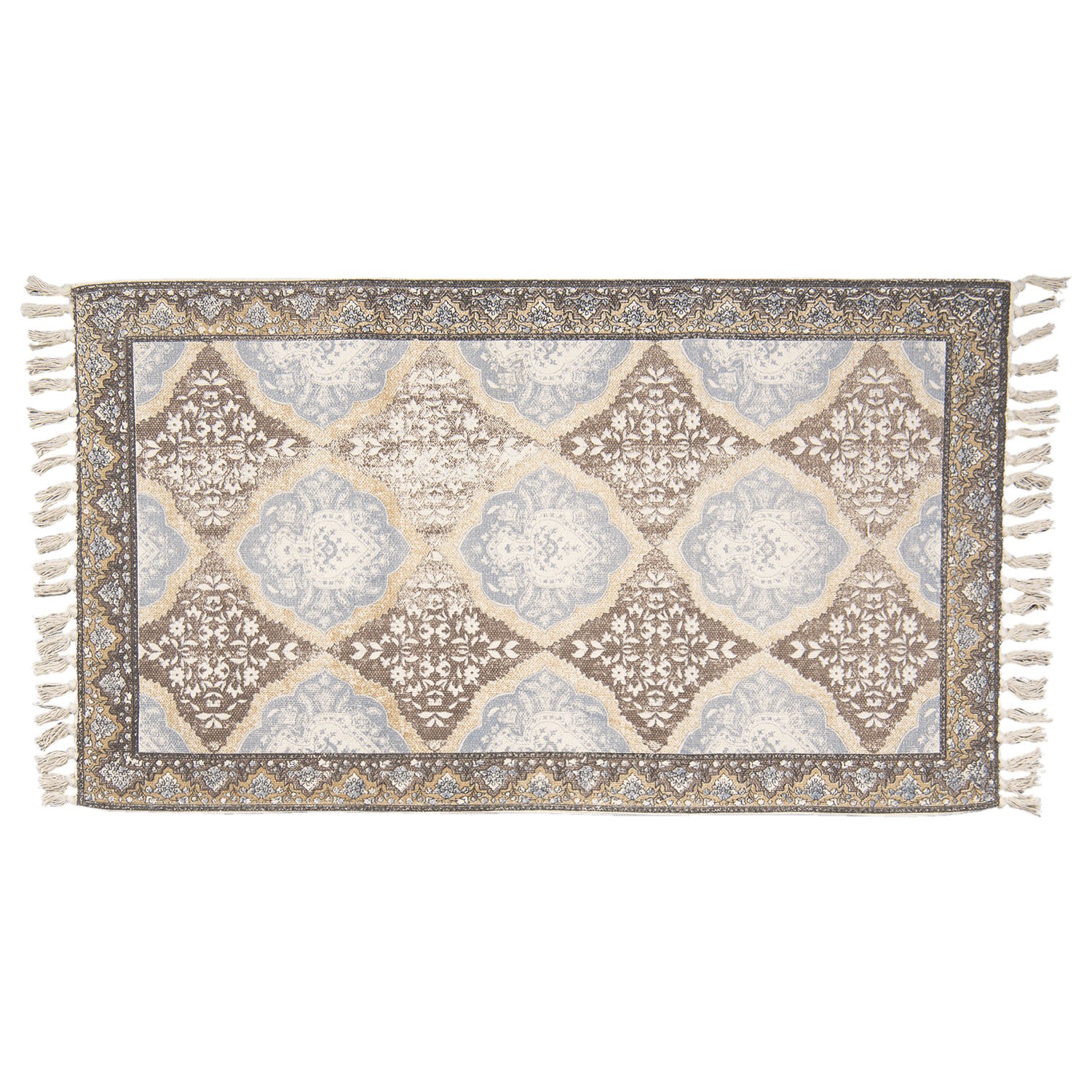 Hnědo-modrý bavlněný koberec s ornamenty a třásněmi- 140*200 cm Clayre & Eef