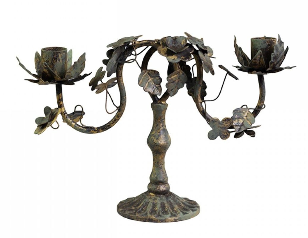 Kovový dvouramenný vintage svícen Leaves - 26*17*8 cm