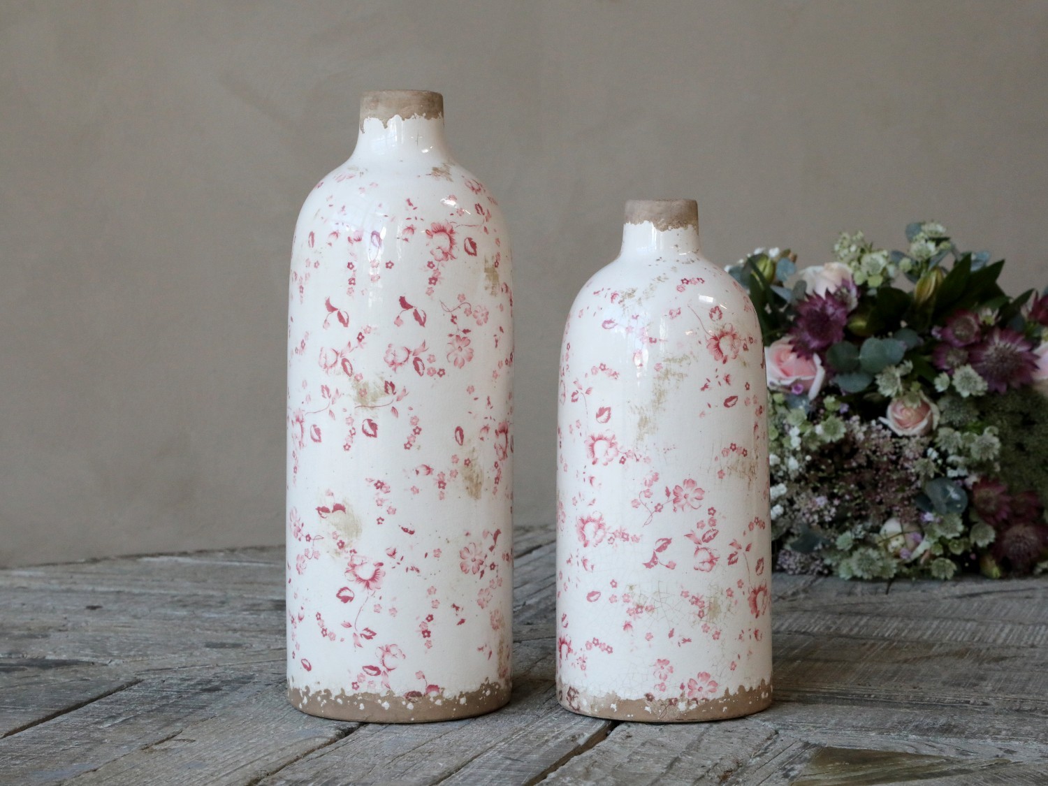 Keramická dekorační váza s růžovými kvítky Floral - Ø 11*31cm