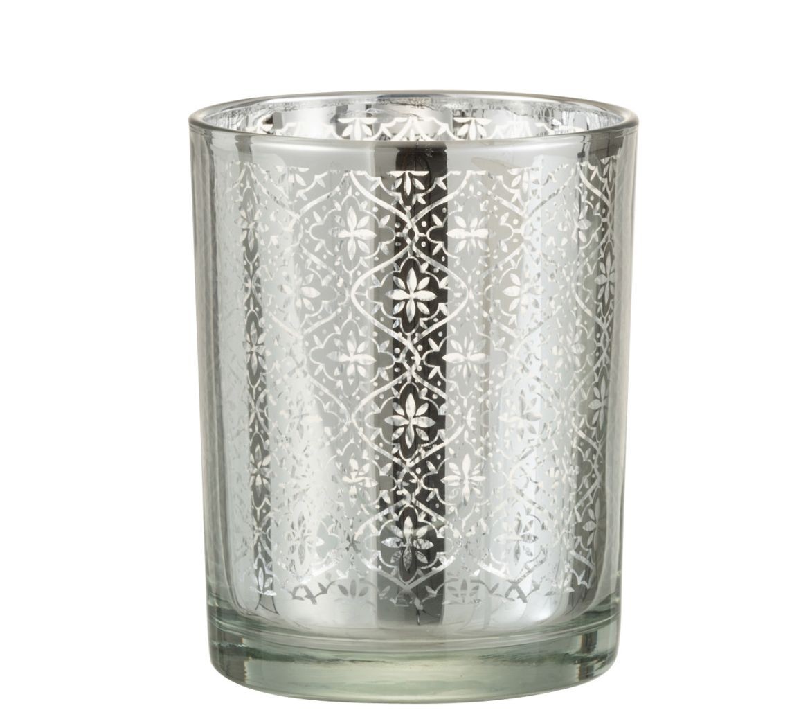 Stříbrný skleněný svícen s ornamenty S - 10*10*12,5 cm J-Line by Jolipa