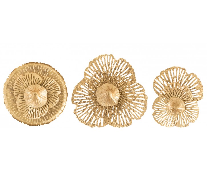 3ks zlatá nástěnná kovová dekorace květy Callien - Ø 35*6cm