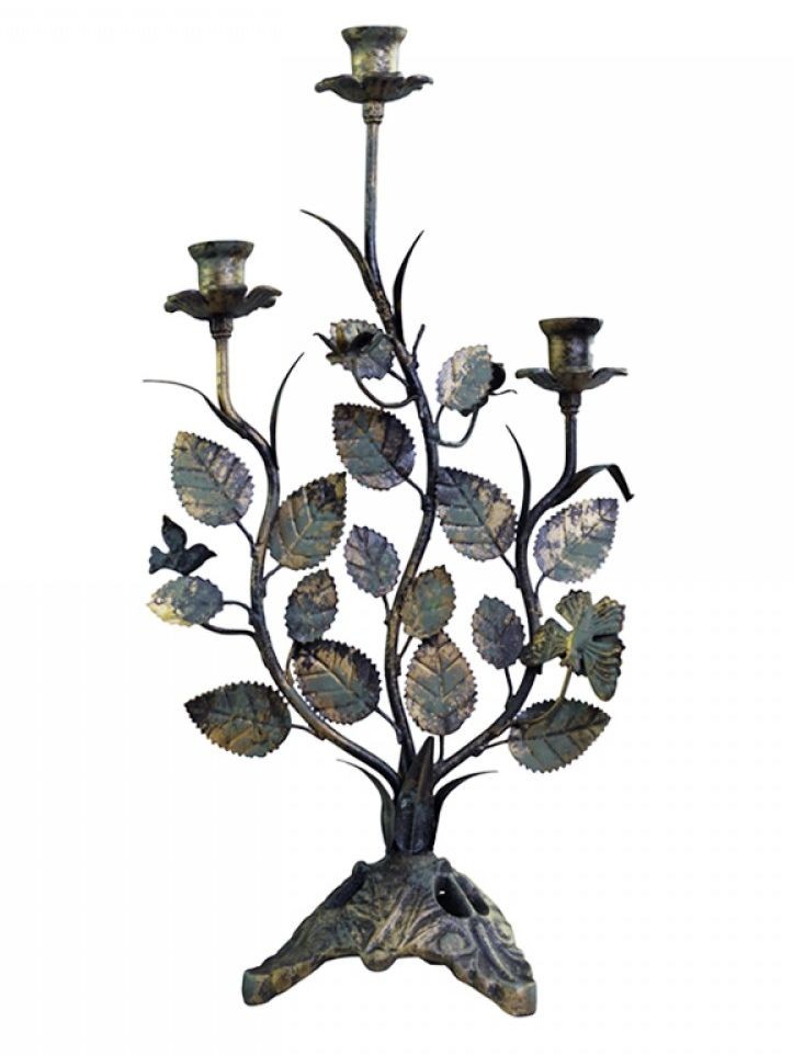 Kovový 3-ramenný vintage svícen s listy Leaves - 27*15*50 cm