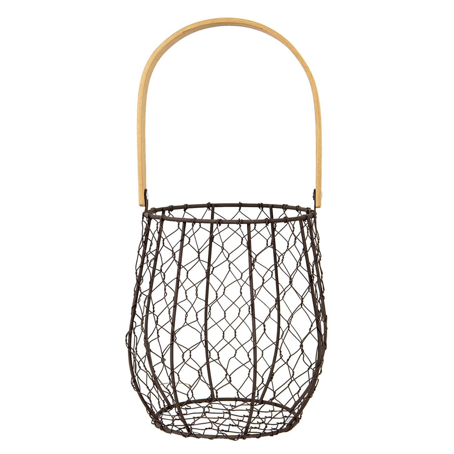 Hnědý drátěný košík s dřevěným držadlem - Ø15*19/36 cm