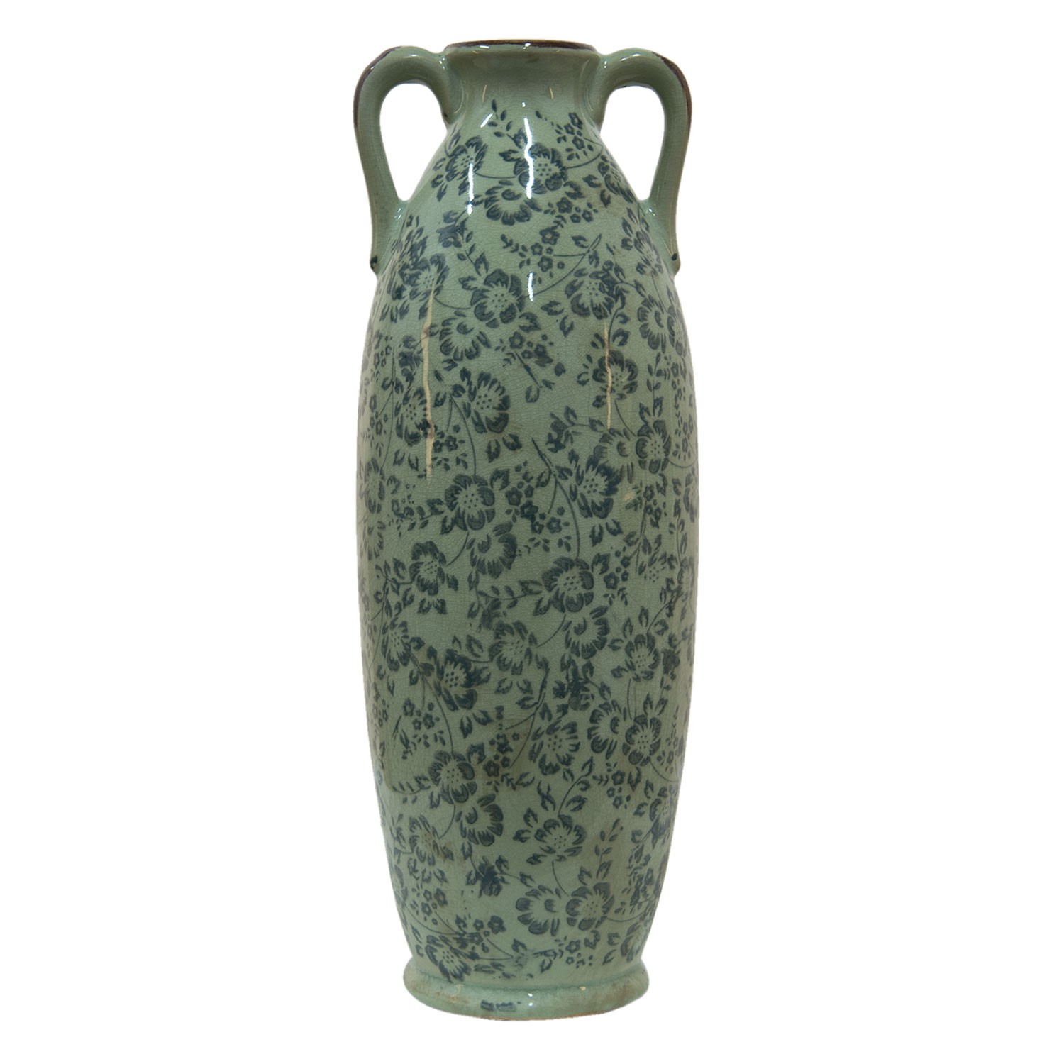 Zelená dekorační váza s modrými květy Minty - Ø 16*45 cm Clayre & Eef