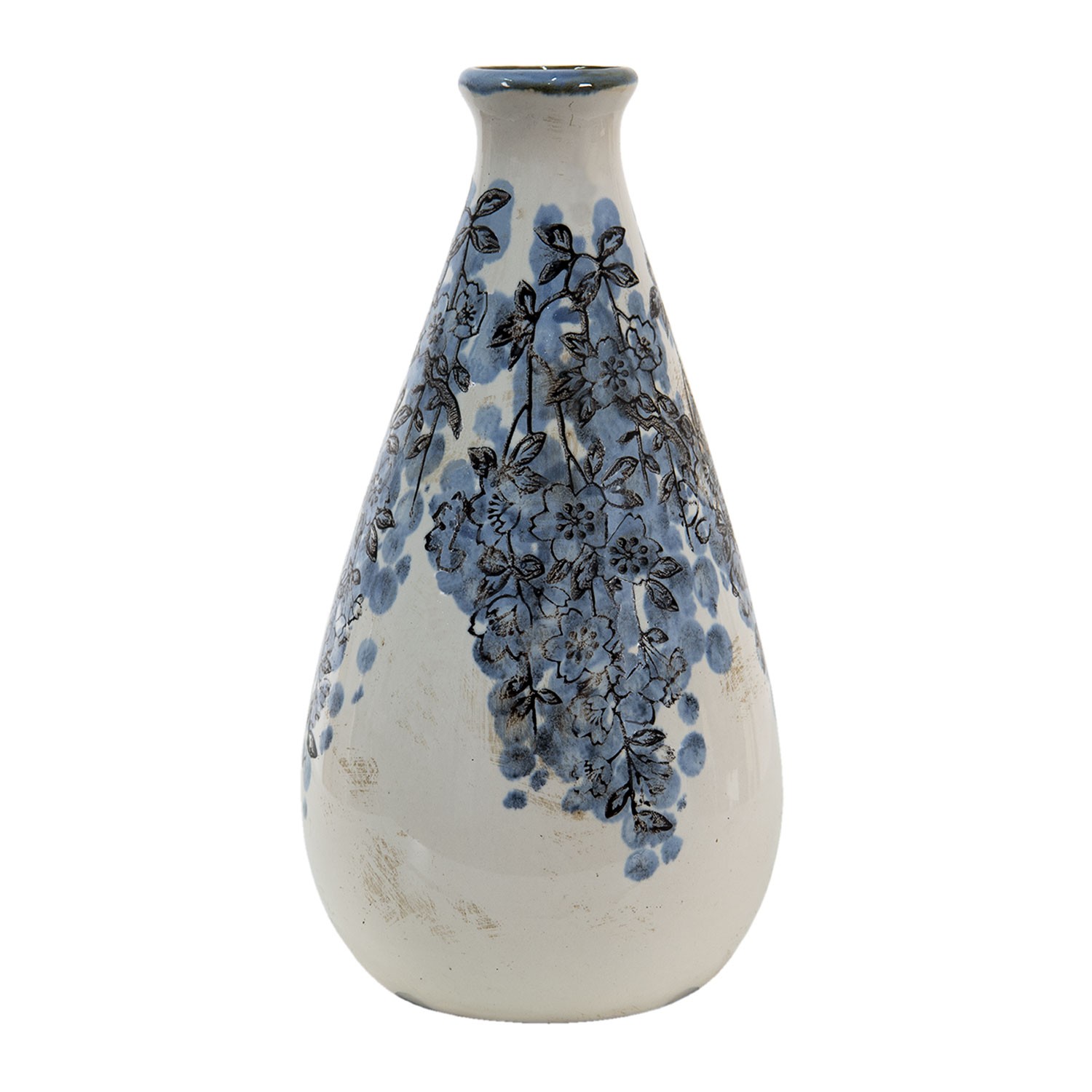 Béžová keramická váza s modrými květy Maun - Ø 11*21 cm Clayre & Eef