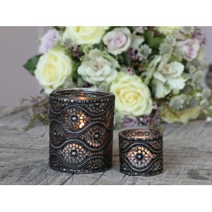 Skleněný vintage svícen s kovovým zdobením Flower - Ø 5*6 cm