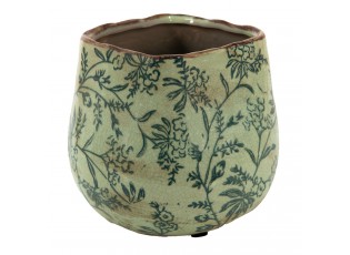 Zelený keramický obal na květináč s modrými květy - Ø 14*13 cm