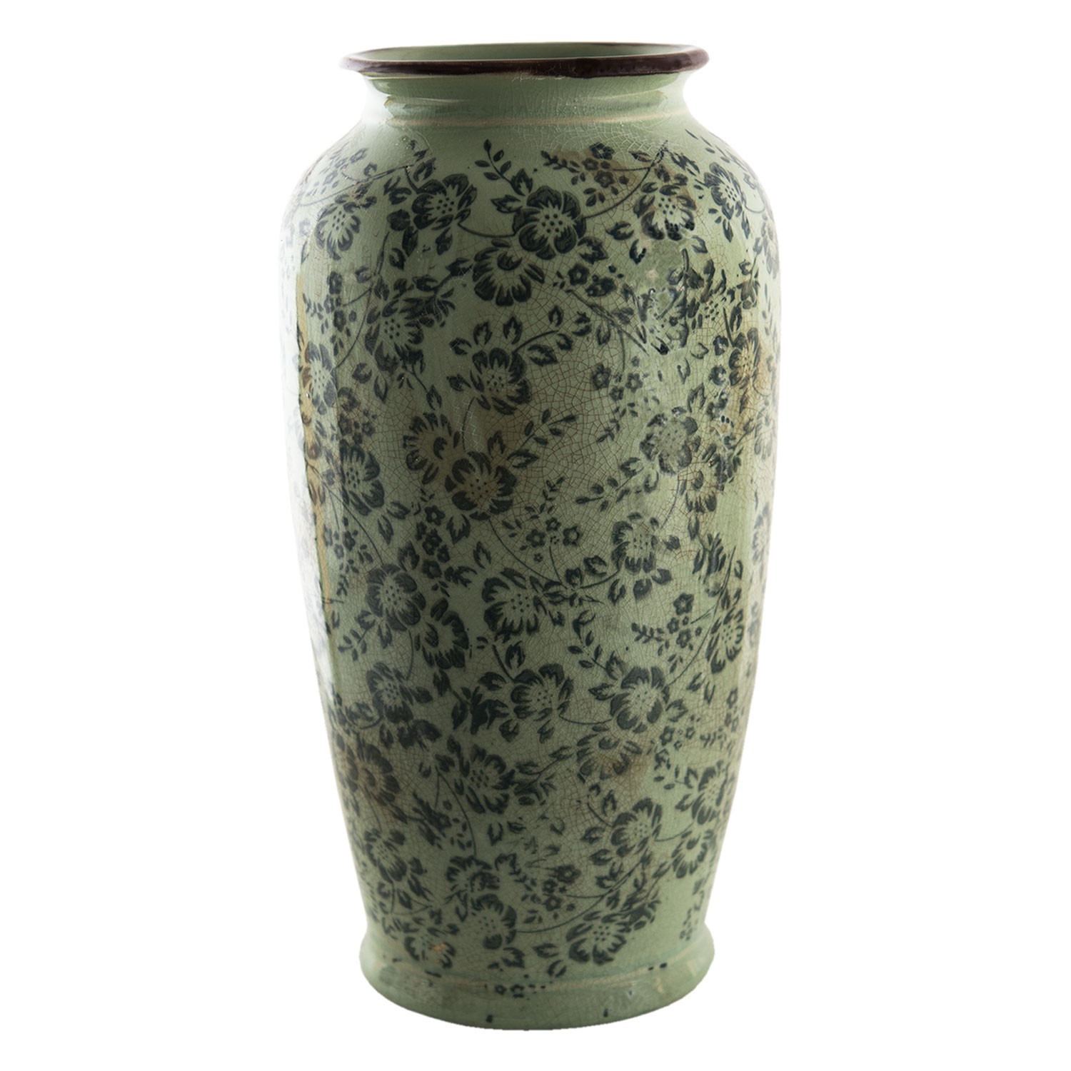 Zelená dekorační váza s modrými květy Minty - Ø17*35 cm Clayre & Eef