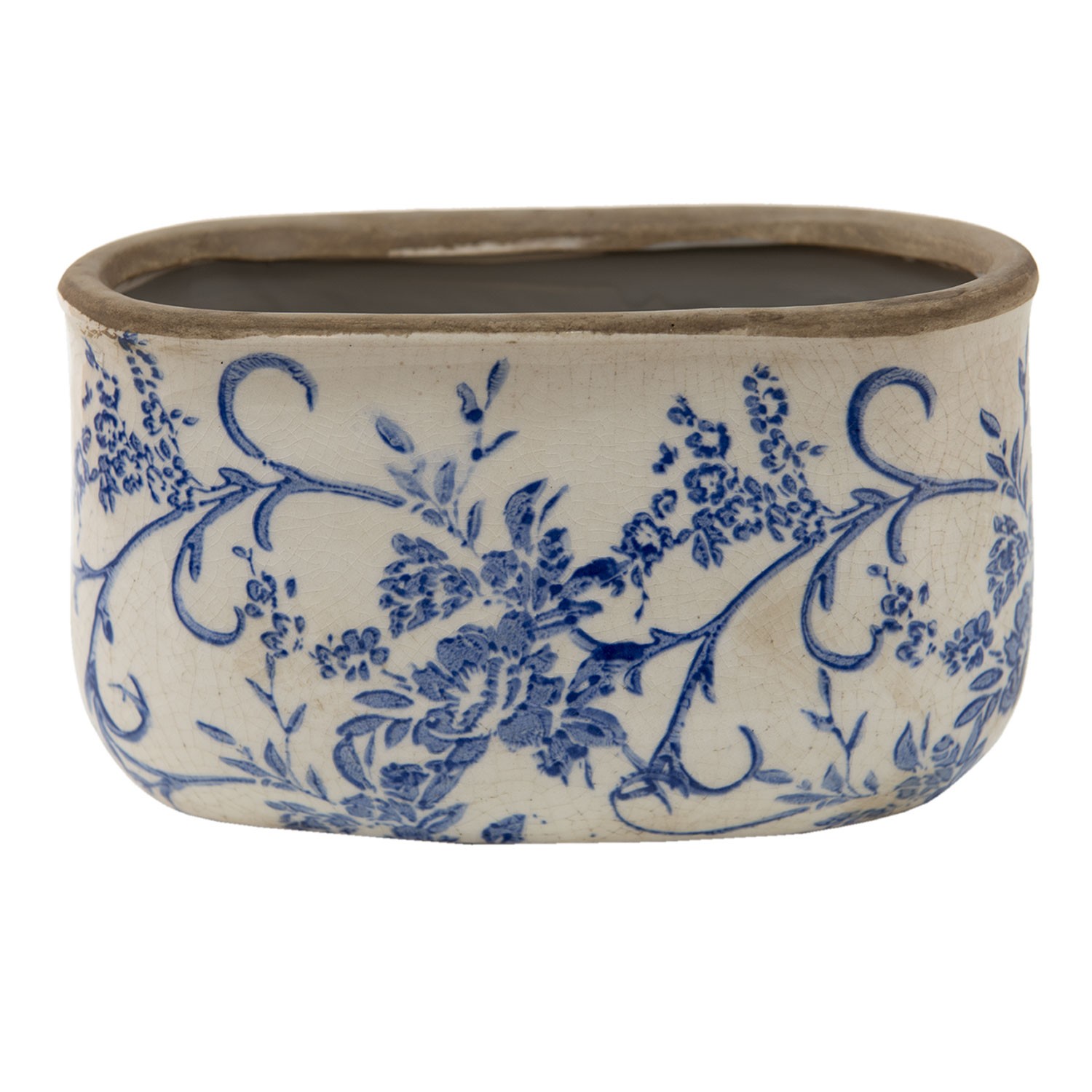 Oválný keramický obal na květináč s modrými květy Saten M - 17*9*10 cm 6CE1398M