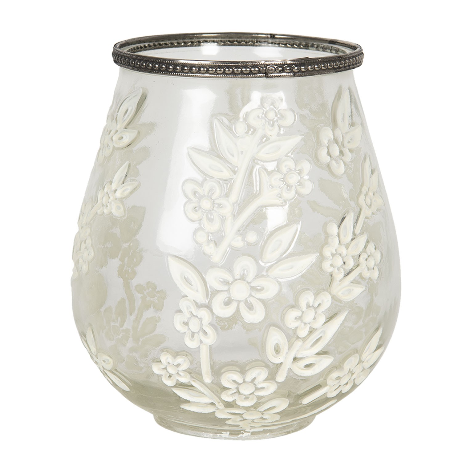 Skleněný bílý svícen / váza s květy a zdobeným hrdlem - Ø 12*13 cm Clayre & Eef