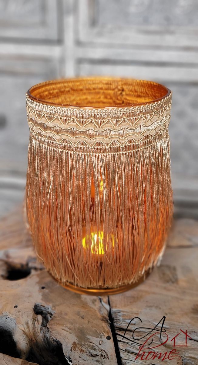 Hnědý skleněný svícen s třásněmi Marron – Ø 11*18 cm