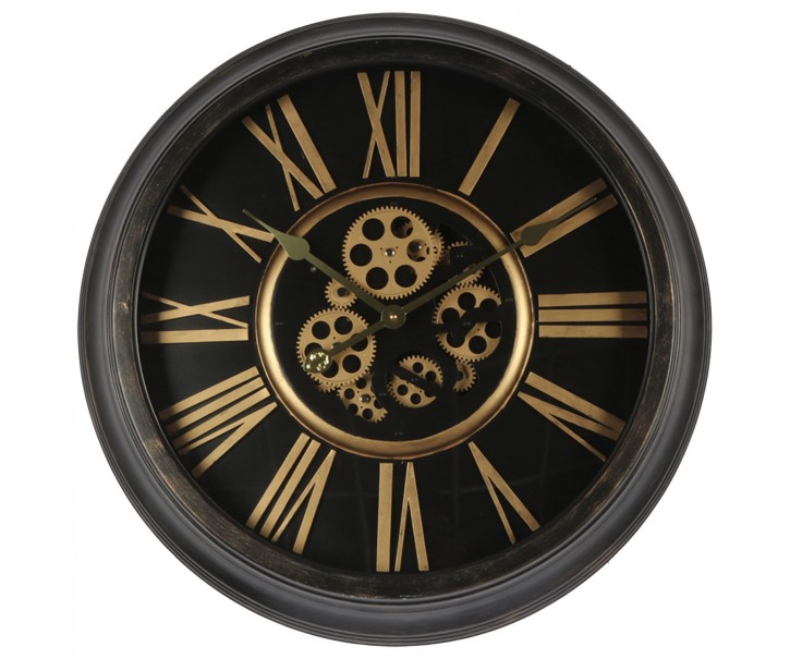 Černozlaté nástěnné hodiny s ozubenými kolečky - Ø 64*11 cm / 1*AA / 1*C