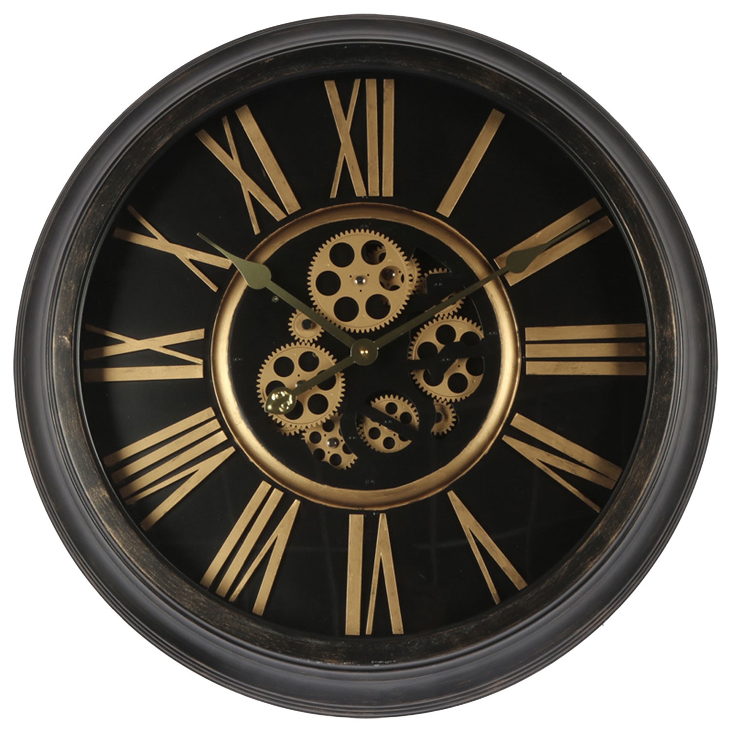 Černozlaté nástěnné hodiny s ozubenými kolečky - Ø 64*11 cm / 1*AA / 1*C Clayre & Eef