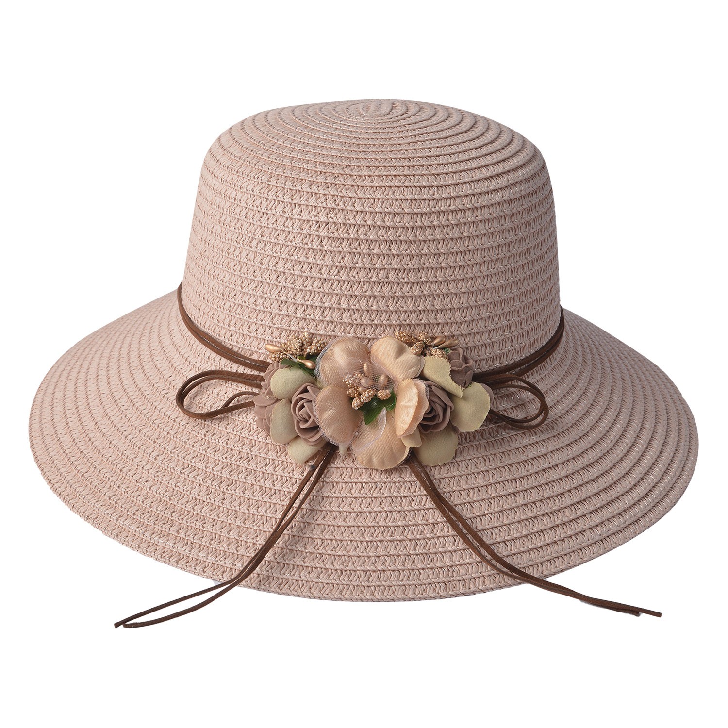 Růžový sluneční dámský klobouk s mašlí a květy - 56 cm Clayre & Eef