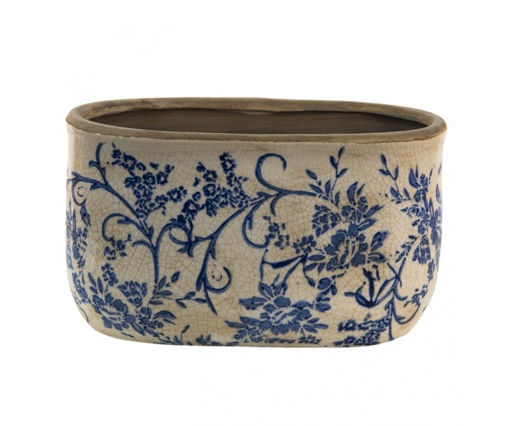 Oválný keramický obal na květináč s modrými květy Saten - 22*12*13 cm