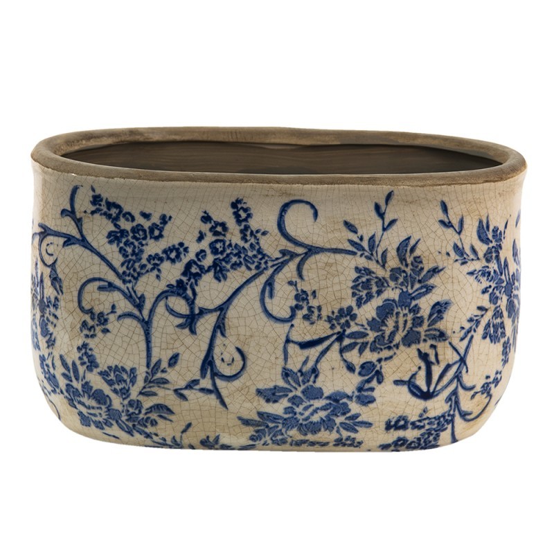Oválný keramický obal na květináč s modrými květy Saten L - 22*12*13 cm Clayre & Eef