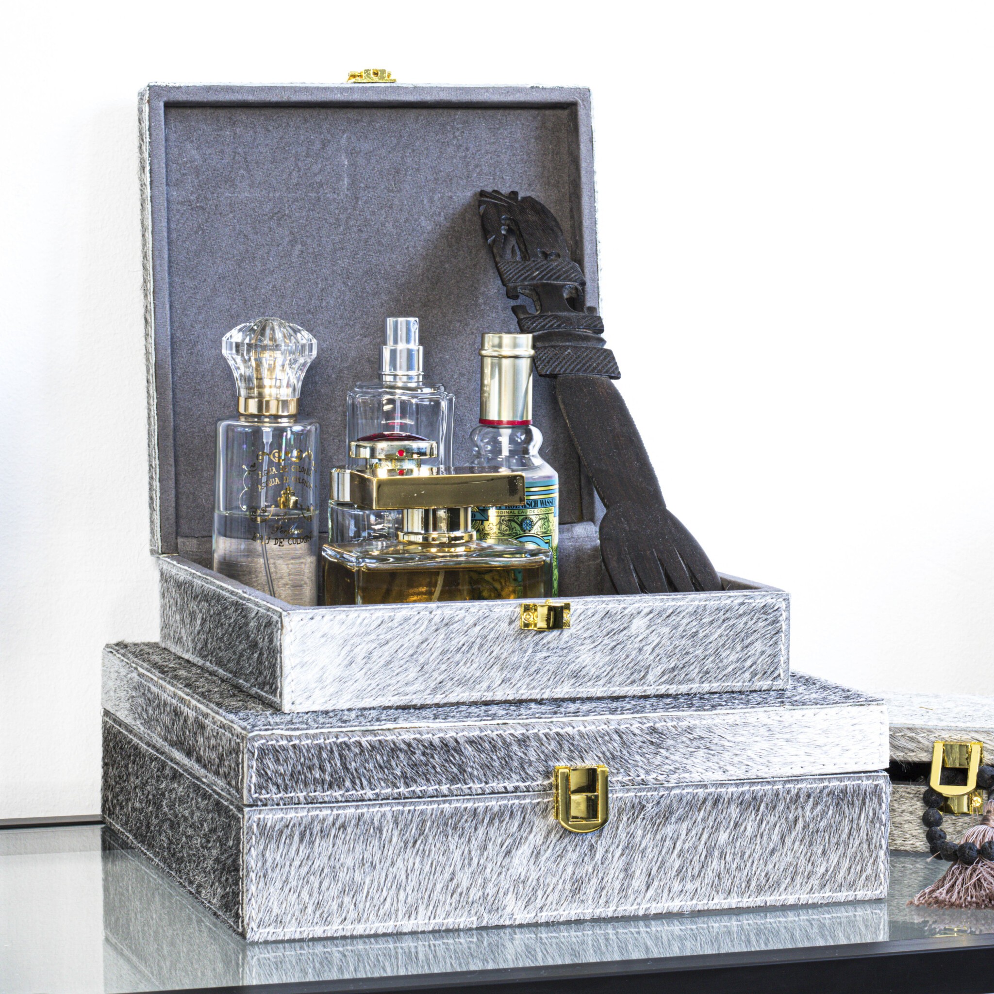 Šedý Bijoux box z hovězí kůže (sada 3ks) - 25,5*25,5*8cm