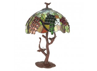Zelená stolní lampa Tiffany s hroznovým vínem a ptáčky Poulien - Ø 41*58 cm E27/max 2*60W