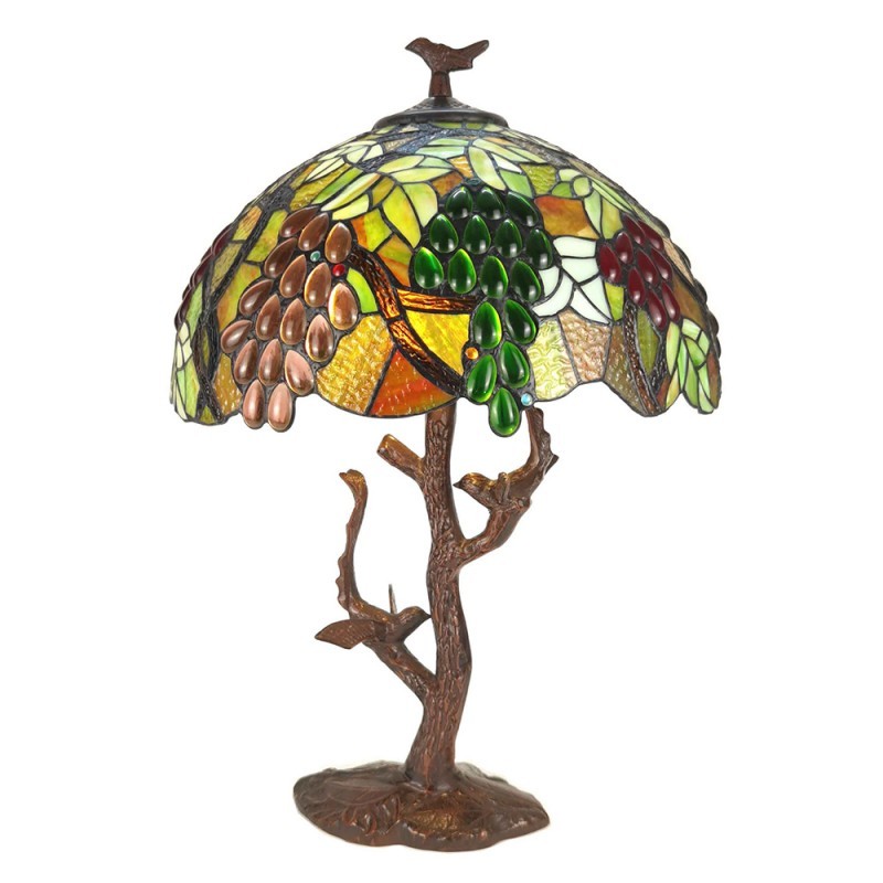 Zelená stolní lampa Tiffany s hroznovým vínem a ptáčky Poulien - Ø 41*58 cm E27/max 2*60W Clayre & Eef